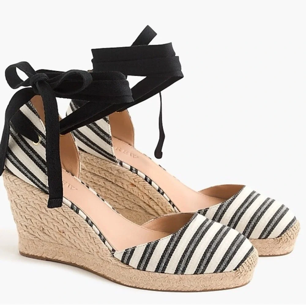 New J. Crew Size 6.5 Espadrille Wedges Ankle Wrap Black Cream Stripe Shoes